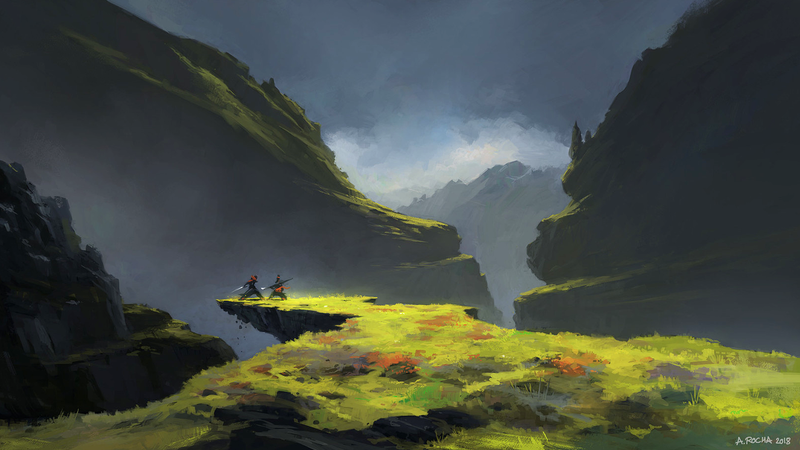 Andreas Rocha, artwork, digital art, battle, sword, spear, mountains, cliff, landscape, fantasy art