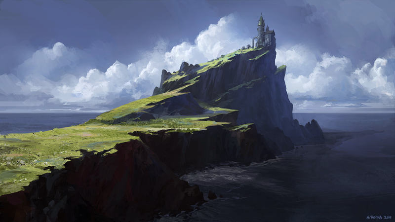 Andreas Rocha, artwork, digital art, castle, clouds, landscape, sea, shore, stones