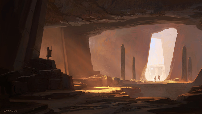 Andreas Rocha, artwork, digital art, cave, standing, underground, cloaks, staff, Egyptian, architecture