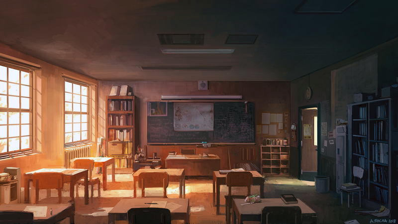 Andreas Rocha, artwork, digital art, classroom, chair, table, desk, library, chalkboard, window