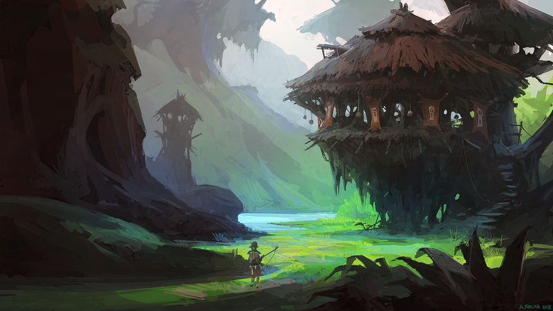 Andreas Rocha, artwork, digital art, forest, house, treehouse, wood, alone, standing, fantasy art