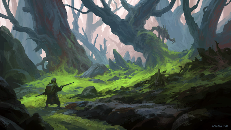 Andreas Rocha, artwork, digital art, creature, alone, fantasy art, forest, trees, log, stone, standing, staff, wood