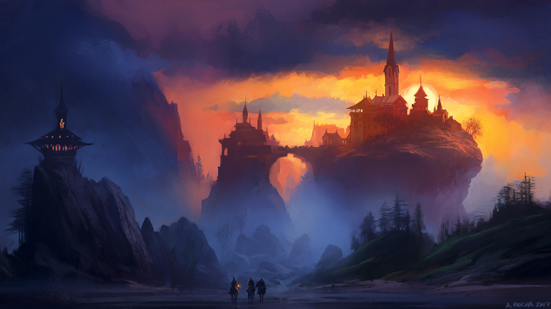Andreas Rocha, artwork, digital art, fantasy art, castle, sunset, horse riding, landscape