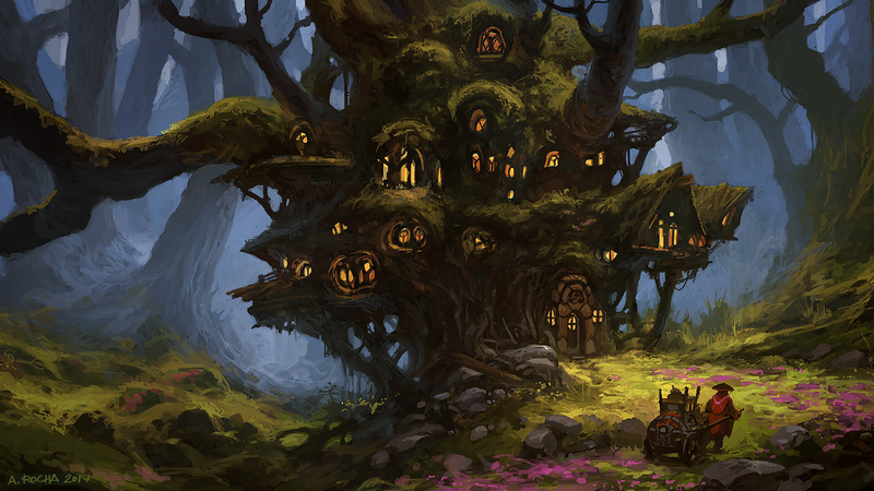 Andreas Rocha, artwork, digital art, forest, carriage, tree house, fantasy art