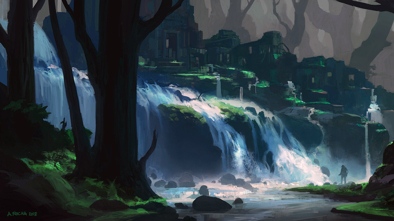 Andreas Rocha, artwork, digital art, ruins, waterfall, trees, forest, water, alone, standing