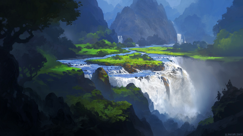 Andreas Rocha, artwork, digital art, landscape, waterfall, forest, mountains, trees, 2017 (Year), nature
