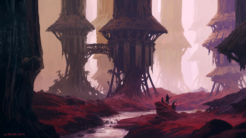 Andreas Rocha, artwork, digital art, tree trunk, forest, fantasy art, river, standing, landscape