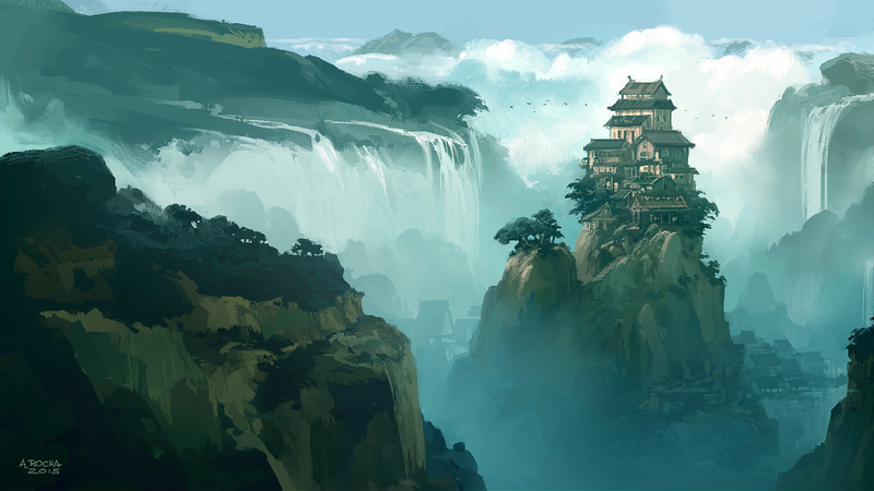 Andreas Rocha, artwork, digital art, mountains, waterfall, clouds, castle, wood, trees, city, landscape, nature, 2015 (Year)