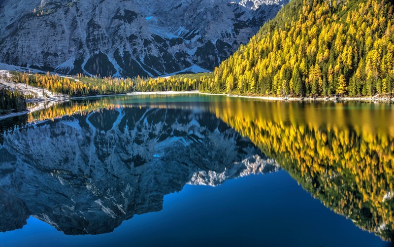lake, reflection, landscape, trees, Italy, Lake of Braies