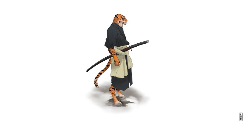 warrior, samurai, simple background, fantasy art, white background, tiger, yokai
