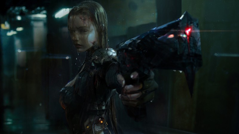 cyberpunk, science fiction, weapon, digital art, women, people