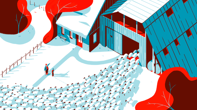 Tom Haugomat, illustration, digital art, farm, artwork, red, cyan