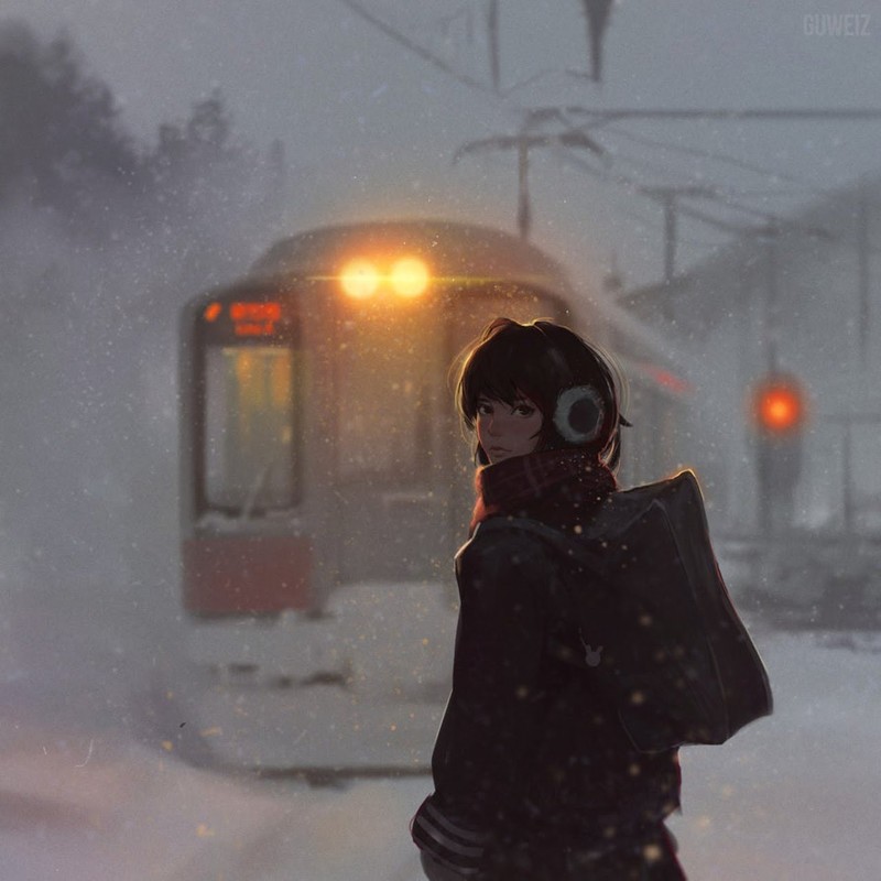 anime, anime girls, women, winter, snow, train, traffic lights, headphones, mist, red light, snow covered