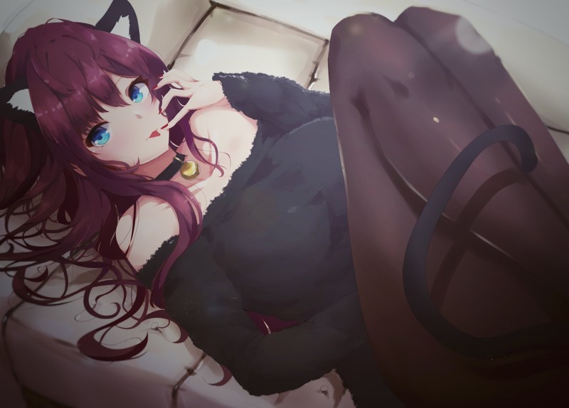 THE, anime girls, cat ears, blue eyes, long hair, redhead, necklace, tail, lying on back, pantyhose, bare shoulders