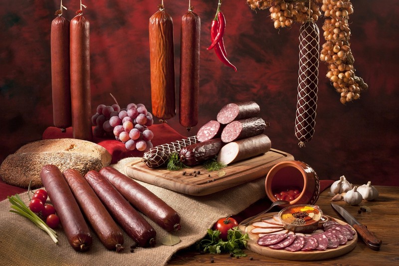food, meat, sausage, grapes, fruit, bread