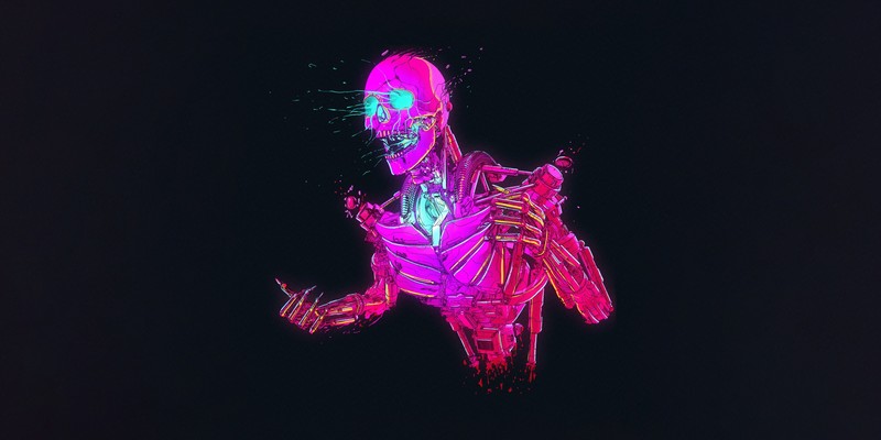 artwork, robot, cyberpunk, skull, Retrowave, skeleton, digital art, Nick Sullo, pink
