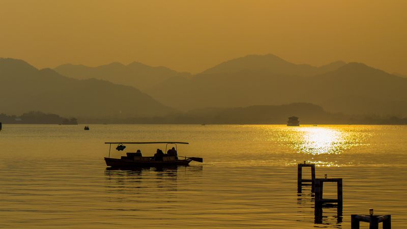 lake, sunset, boat, horizon, 4k