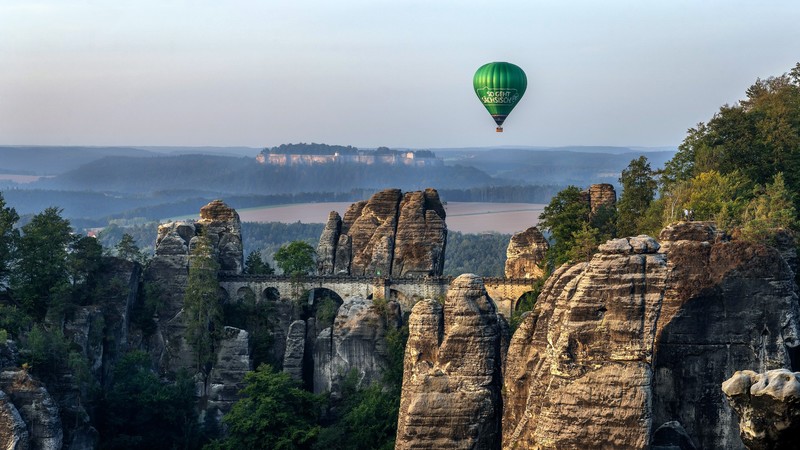 hot air balloons, landscape, vehicle, rock, nature, Germany, saxonian swiss, Bastei, Sachsen, Elb-Sandstein-Gebirge