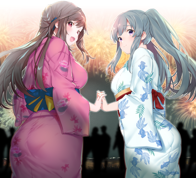 big boobs, kimono, fireworks