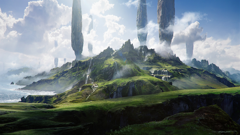 Jonathan Berube, artwork, digital art, fantasy art, landscape, mountains, waterfall, clouds, seashore