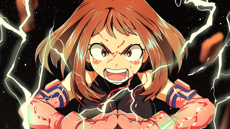 anime, Boku no Hero Academia, anime girls, Uraraka Ochako, brunette, face, looking at viewer, battle charge, lightning, brown eyes