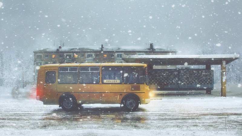 buses, road, winter, snow, mist, stop, house, Russia