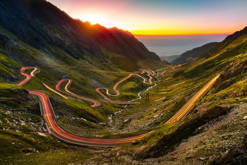 nature, landscape, sunset, water, road, long exposure, light trails, horizon, mountains, valley, Romania, DN7C, Carpathian Mountains