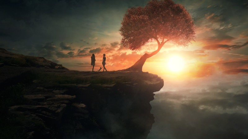 digital art, fantasy art, trees, Sun, couple, clouds, cliff, rock