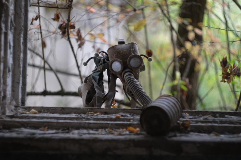 Chernobyl, gas masks, bokeh, abandoned