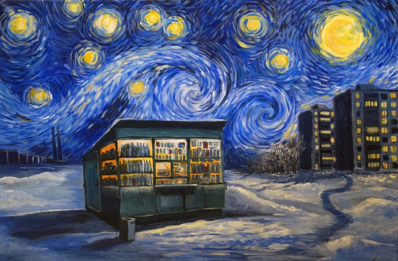 abstract, winter, night, Russia, snow, house, city, The Starry Night, dark humor, Slavic