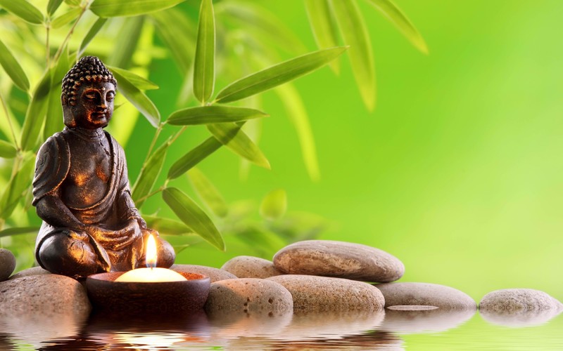 photography, depth of field, Buddha, Buddhism, candles, stones, stone, leaves, plants, water, statue, fire, meditation, reflection