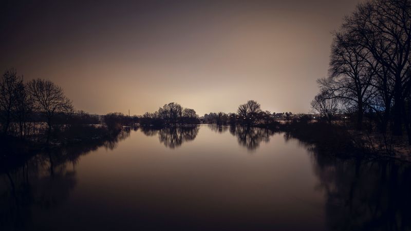 lake, sunset, pond, trees, 4k