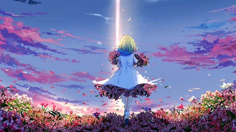 anime girls, blonde, flowers