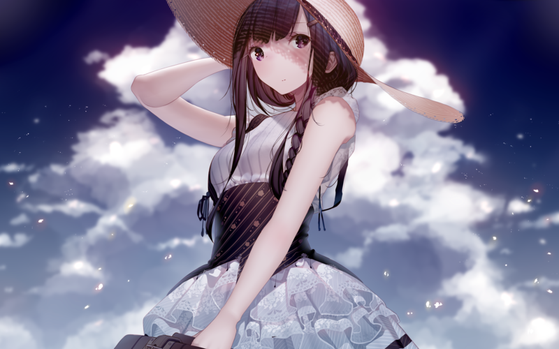 anime girls, anime, original characters, brunette, long hair, braided hair, straw hat, dress, portrait, looking at viewer, clouds, sky, artwork, digital art, drawing, illustration, Atha, Pixiv