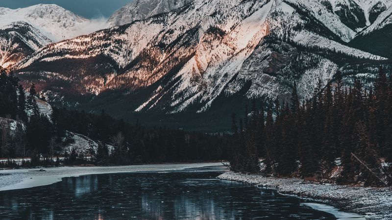 mountains, lake, snow, snowy, jasper, canada, 4k