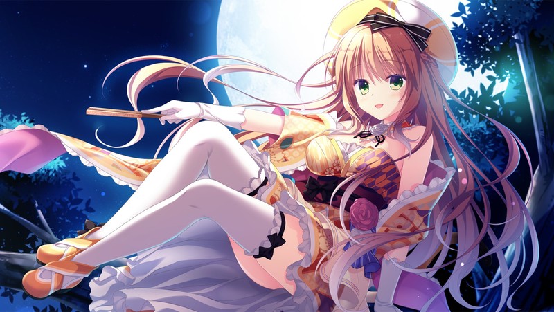 anime girls, brunette, long hair, green eyes, night, sky