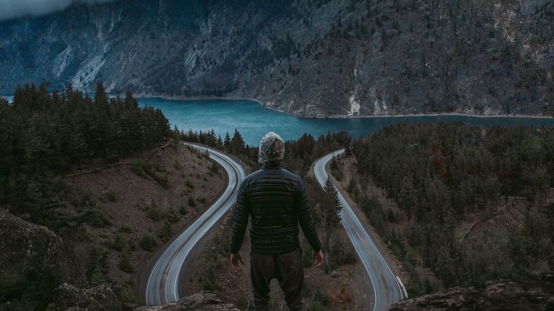 man, mountains, lake, river, tourist, travel, 4k