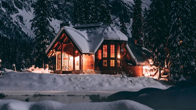 house, winter, snow, night, trees, 4k