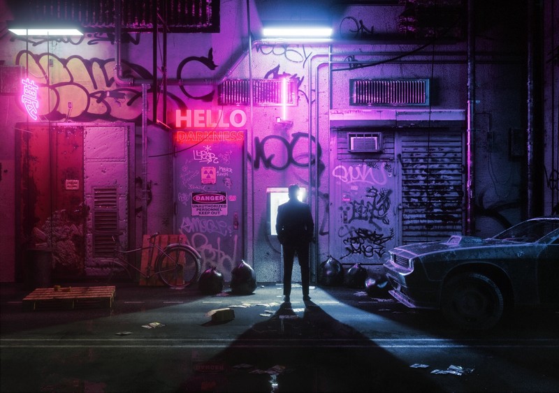 dark, night, city, synthwave, artwork, neon