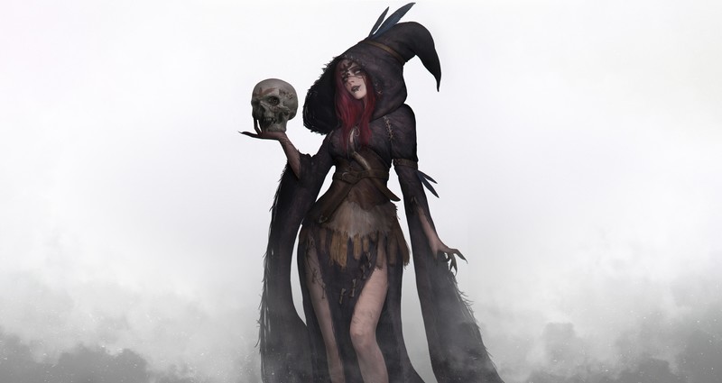 fantasy art, fantasy girl, skull, witch