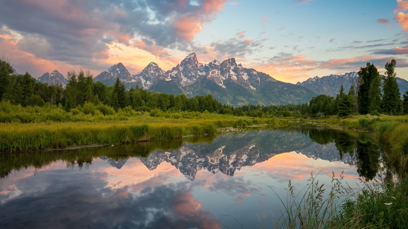 Grand Teton National Park, sunrise, lake, reflection, water, mountains, clouds, forest