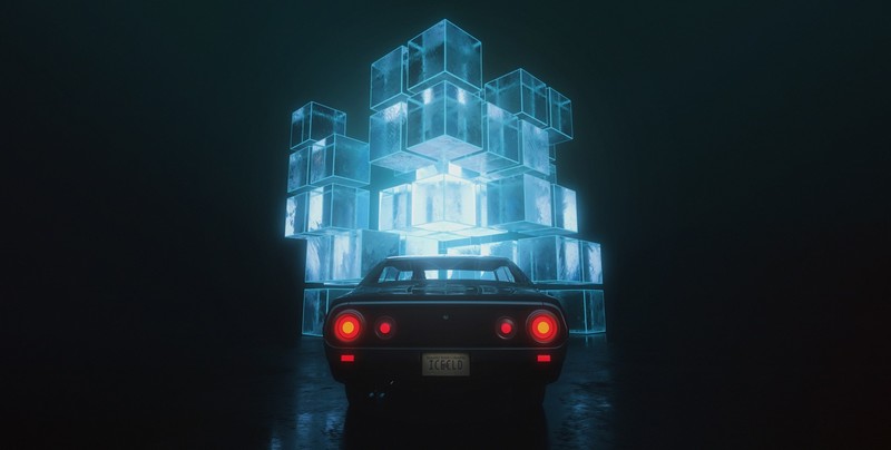 digital art, dark, cube, artwork, car, vehicle, cyan, Nissan, Nissan Skyline C110