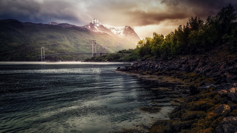 evening, bridge, river, water, outdoors, mountains