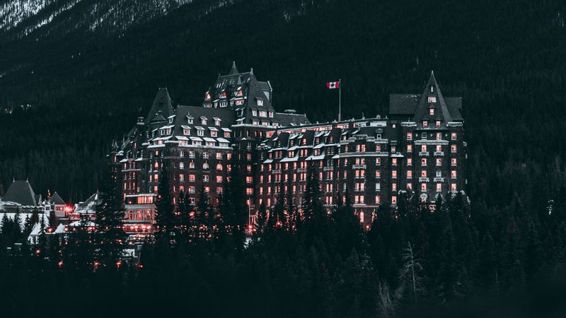 castle, mountains, trees, snow, winter, canada, 4k