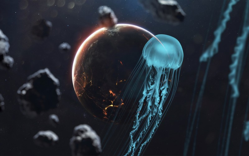 space, space art, planet, artwork, digital art, jellyfish, cyan