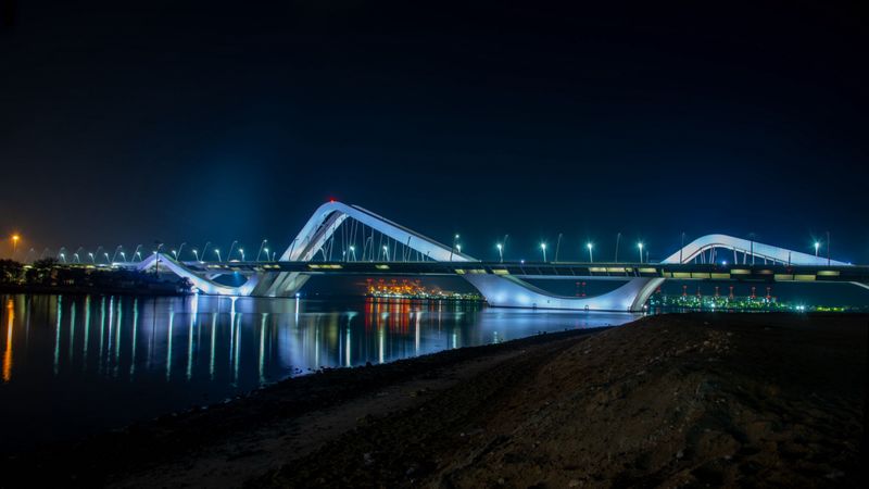 bridge, architecture, night city, city lights, abu dhabi, united arab emirates, 4k