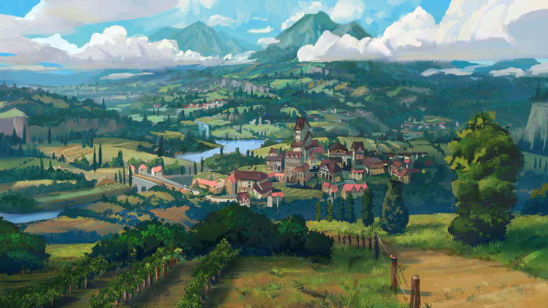 Tyler Edlin, digital art, artwork, landscape, village, clouds, mountains, trees, river, field