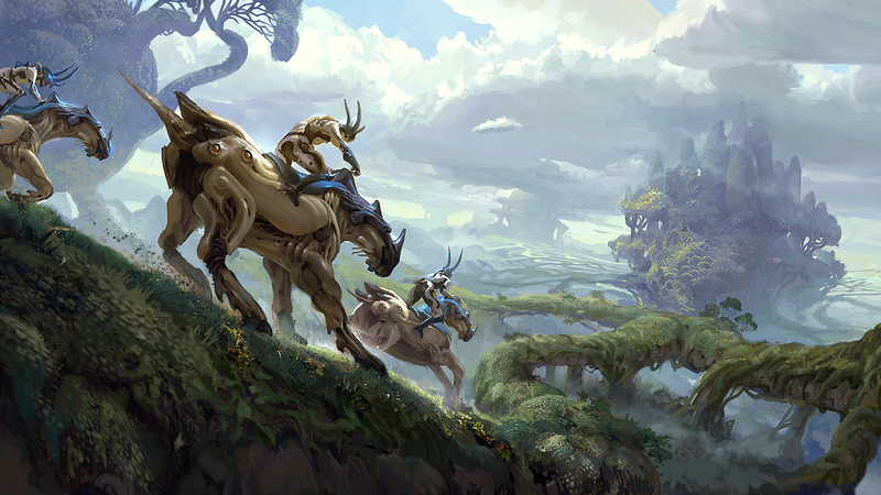Tyler Edlin, digital art, artwork, fantasy art, creature, riding on back, trees, clouds