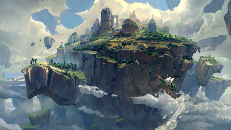 Tyler Edlin, digital art, artwork, Skies of Arcadia, video game art, flying, ship, clouds, floating island, fantasy city