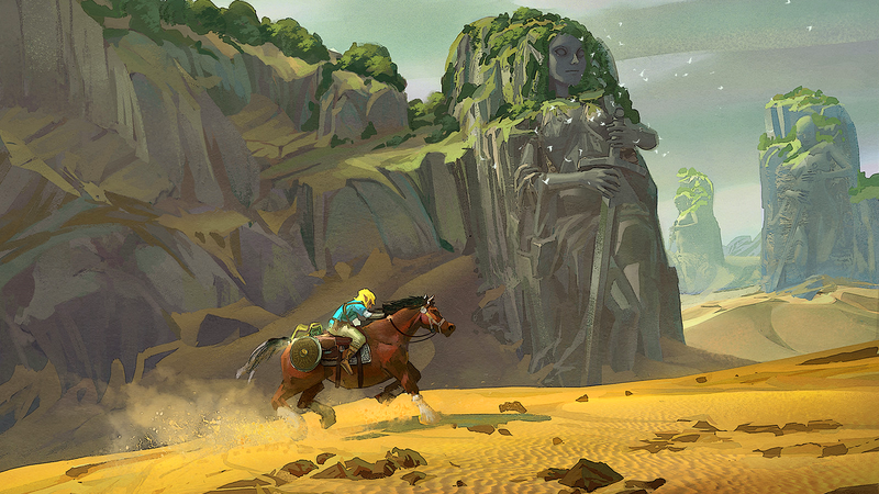 Tyler Edlin, digital art, artwork, The Legend of Zelda: Breath of the Wild, botw, video game characters, fantasy art, horse riding, desert, statue, birds, Link